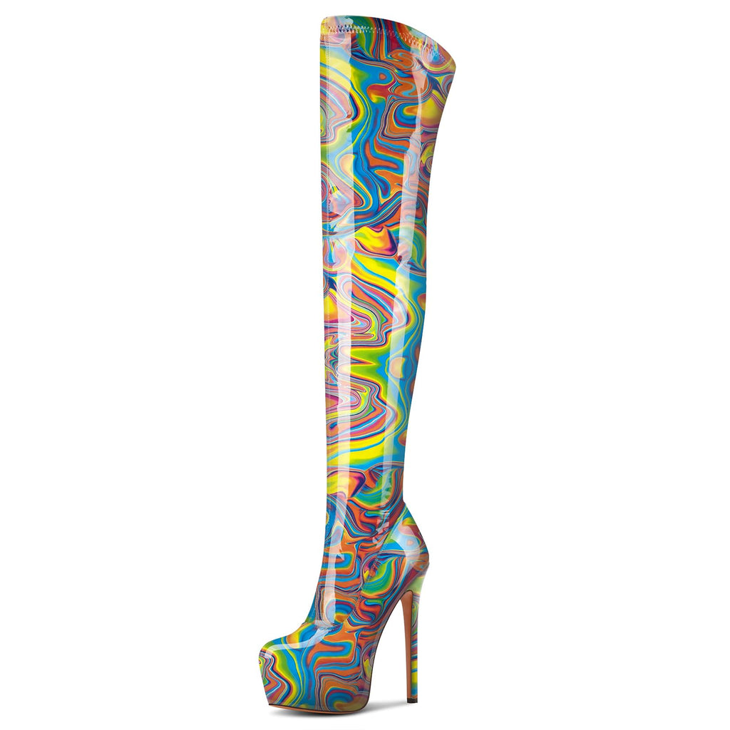 Aachcol Patent Leather Over The Knee Stiletto Boots Platform Thigh High Boots Round Toe Side Zipper Sexy Dress High Heel Boots 5.9 Inches Heels Colorful Graffiti 10 M US