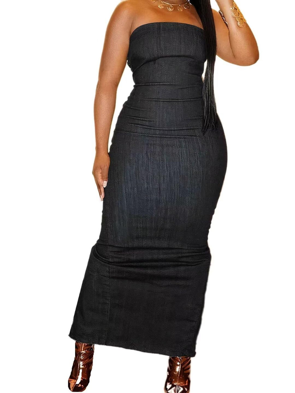 Flamingals Sexy Off Shoulder Sleeveless Maxi Dress for Women Zip Back Split Hem Party Long Dress Black 2XL