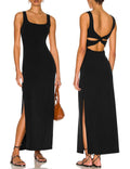 ALENDA DANMOS Womens Elegant Backless Maxi Dress Sexy High Sides Slit Tank Dress Twist Back Casual Sundress 72122(X-SmallBlack)