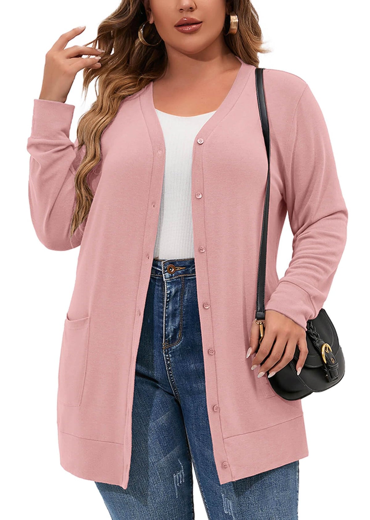 AusLook Plus Size Cardigan for Women Pink 4X long Sleeve Coat Lightweight Open Front Bolero Tops Button Down Sweaters Soft Clothes Summer Fall Winter Maternity Outwear with Pockets For dresses