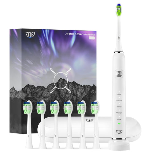 JTF Sonic Electric Toothbrush for Adults Power Toothbrushes with 6 Brush Heads and Portable Travel Case 2 Min Auto Timer Rechargeable Tooth Brush IPX7 Waterproof USB Fast Charging White