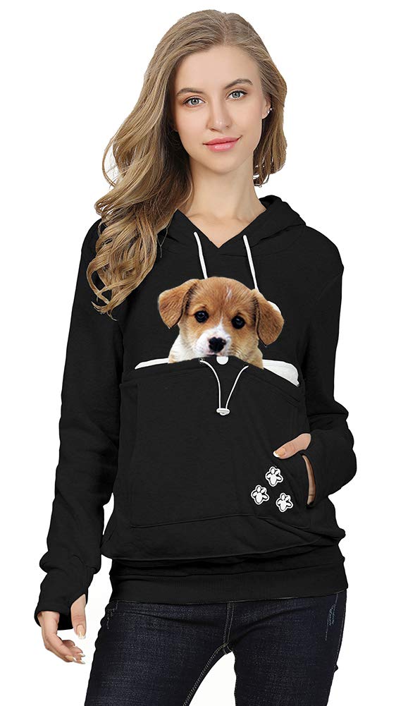 Jomago Womens Pet Carrier Sweater Cat Dog Pouch Hoodies Animal Holder Long Sleeve Hood Sweatshirt Black XX-Large