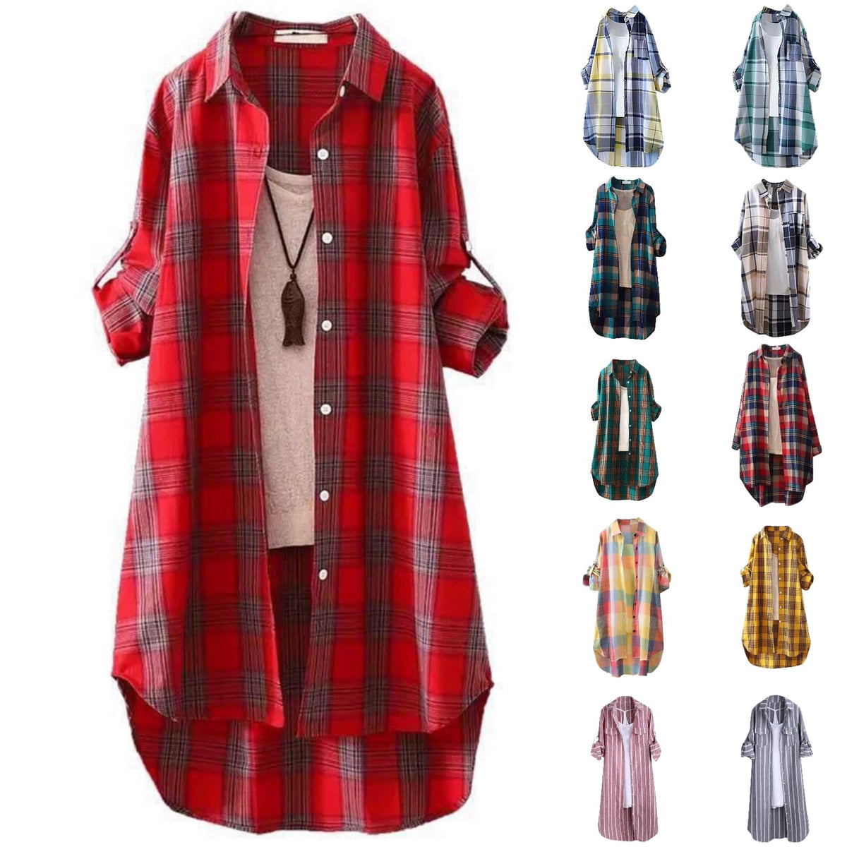 Cardigan for Women 2024 Fall Fashion Plaid Tops Plus Size Open Front Roll Up Sleeve Shirts Casual Button Down Cardigan Blue