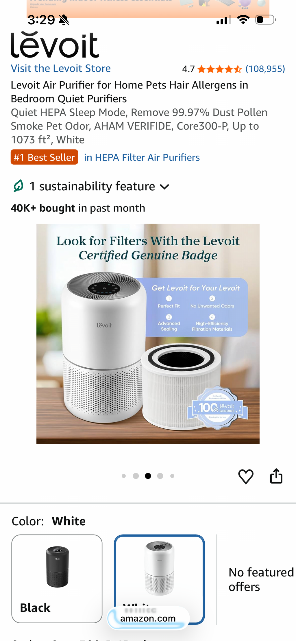 Levoit Air Purifier for Home Pets Hair Allergens in Bedroom Quiet Purifiers