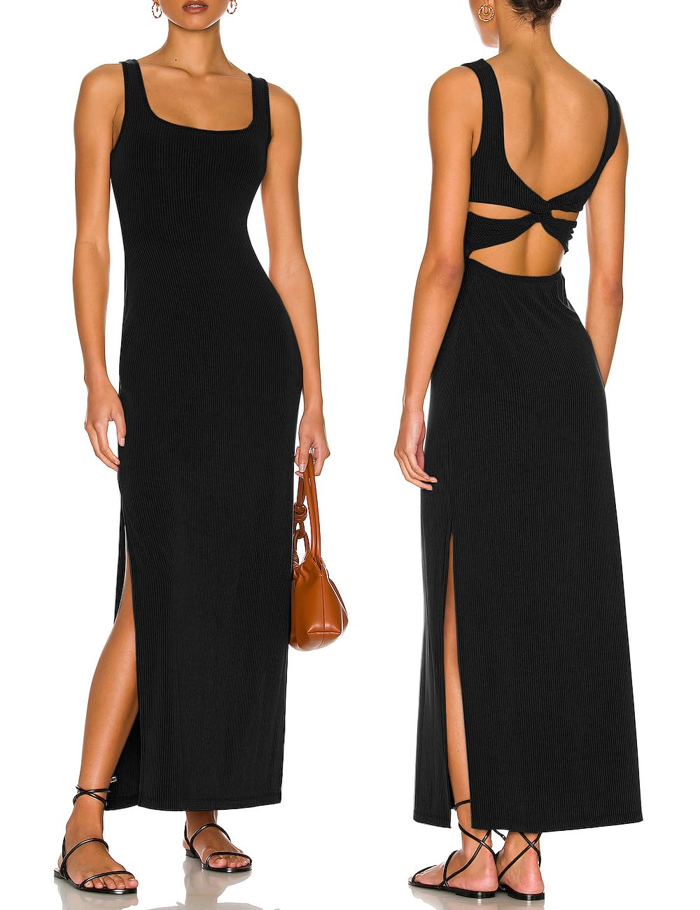 ALENDA DANMOS Womens Elegant Backless Maxi Dress Sexy High Sides Slit Tank Dress Twist Back Casual Sundress 72122(X-SmallBlack)